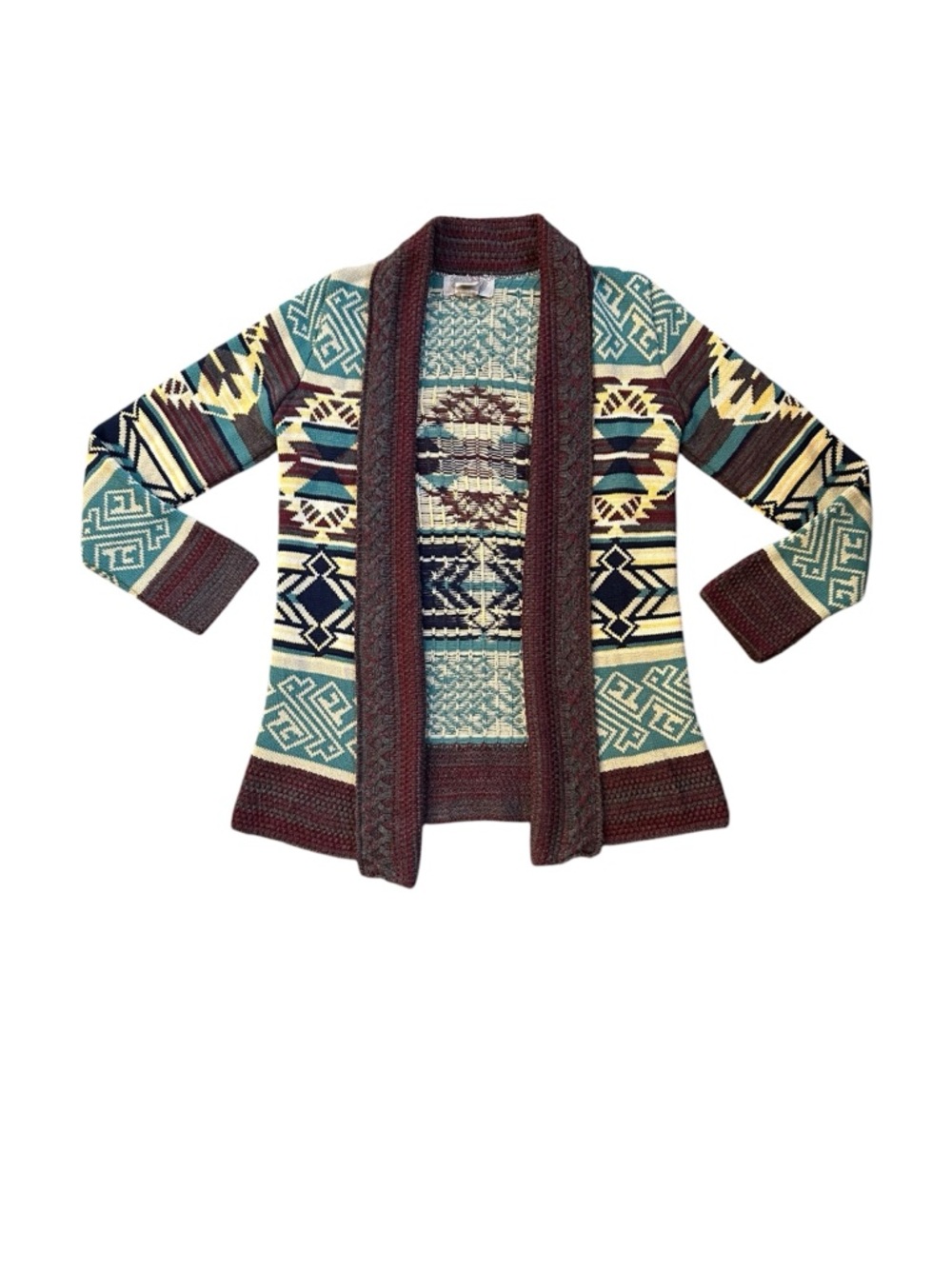 Ecote UO Bohemian Aztec Intarsia Knit Cardigan M Patchwork USA Made Boho Sweater